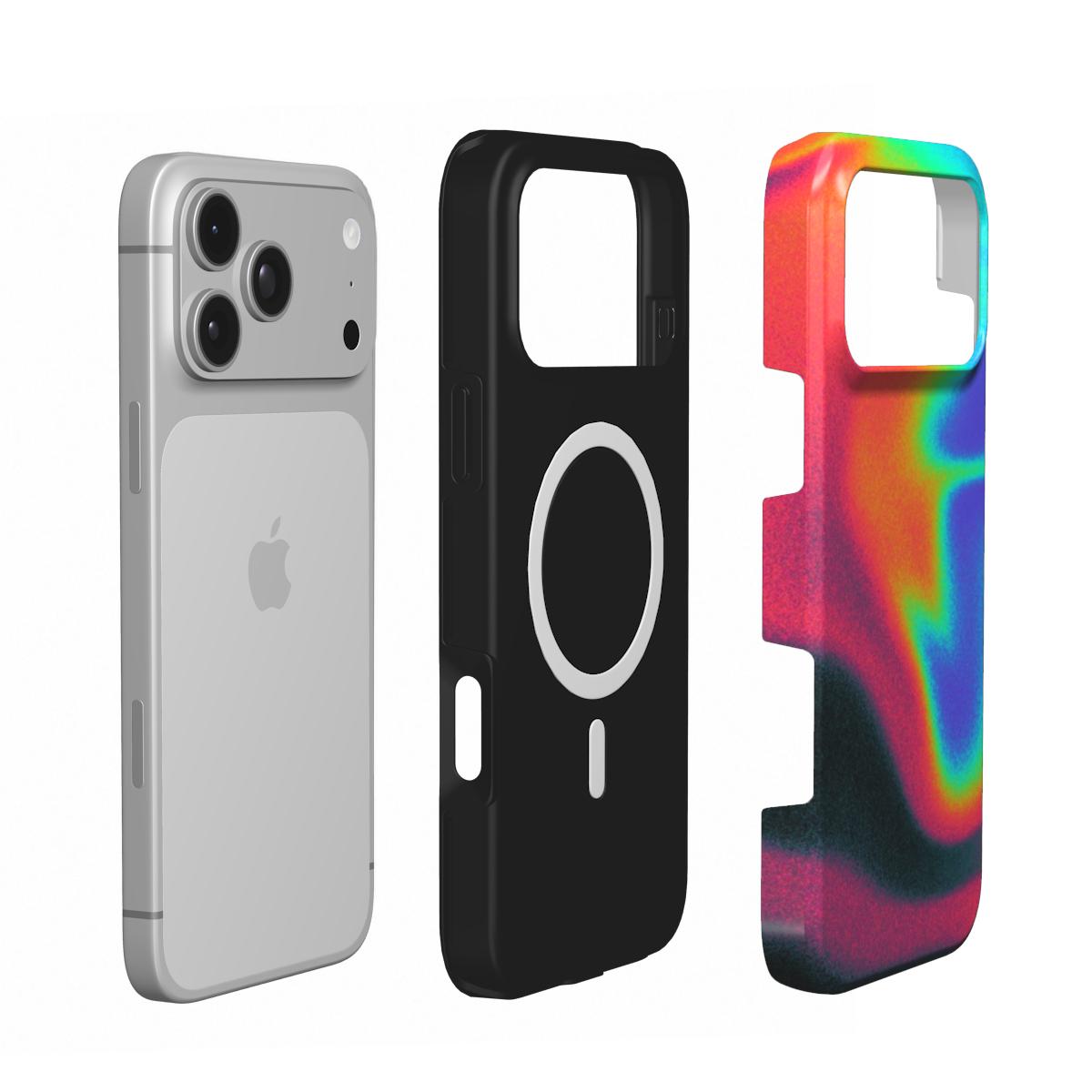 Inside of the Thermia case: black lining with the built-in MagSafe magnet ring, shown next to an iPhone