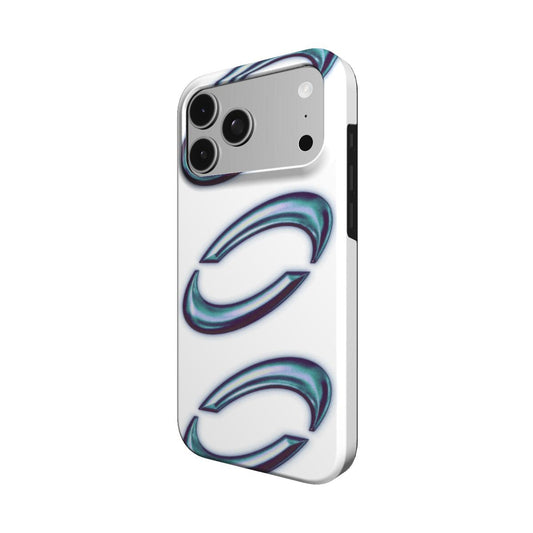 Angled view of the Orbis case showing the chrome crescents and white side wall