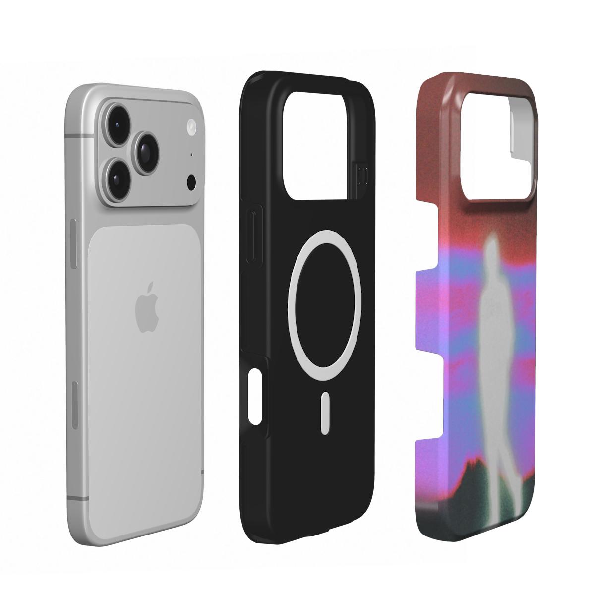 Inside of the Peregrine case: black lining with the built-in MagSafe magnet ring, shown next to an iPhone