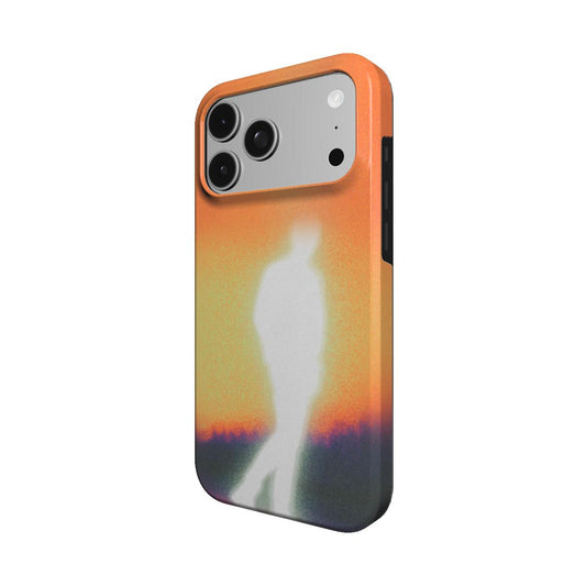 Angled view of the Vesper case showing the sunset colors and walking figure wrapping the side