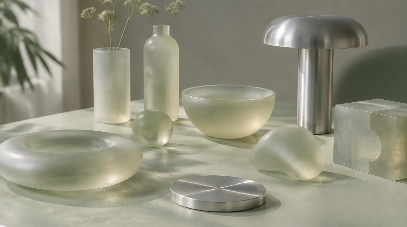 Frosted resin and brushed aluminum objects on a pale sage surface