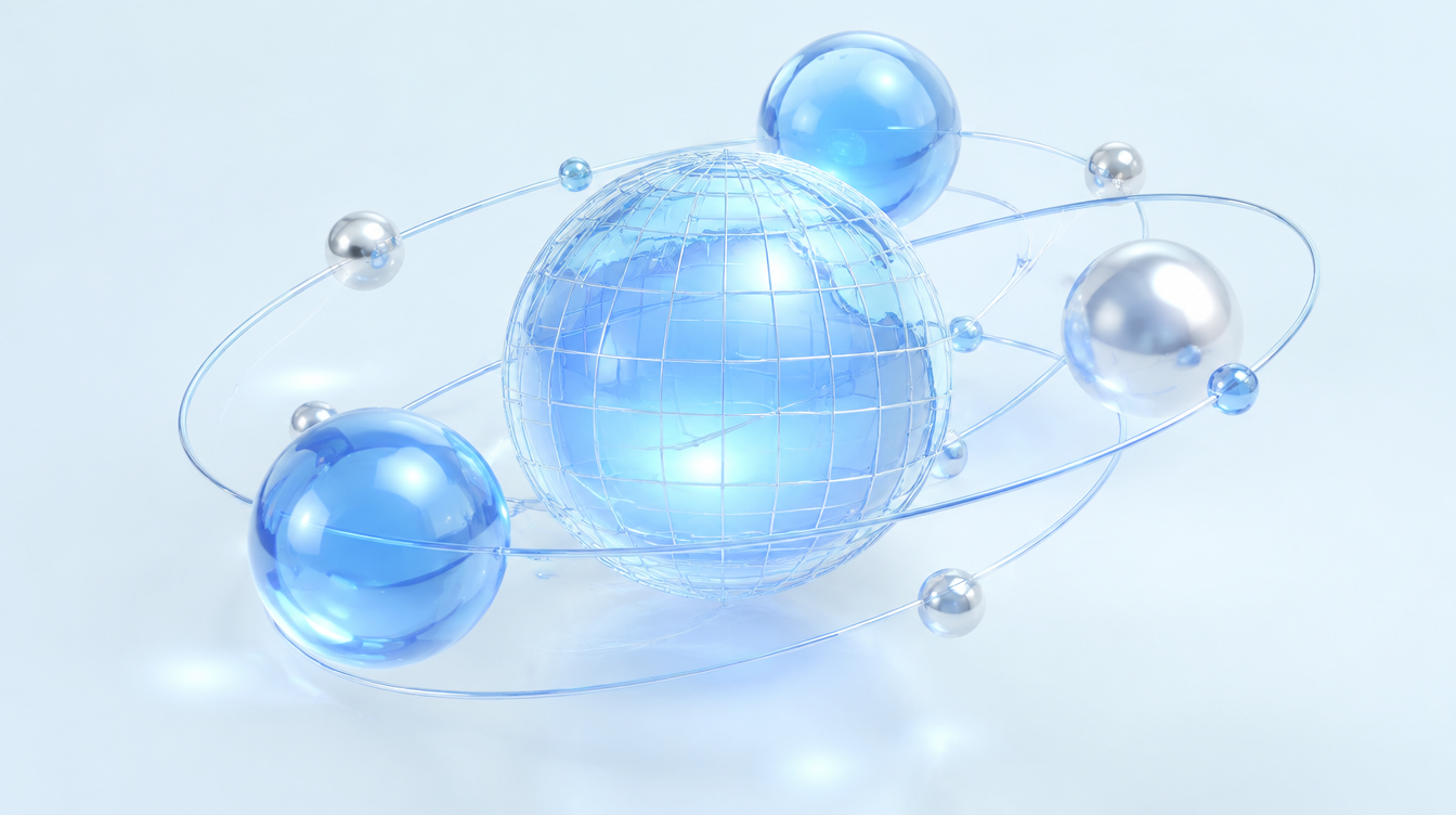 Translucent blue and silver gel orbs with a wireframe globe and orbit lines