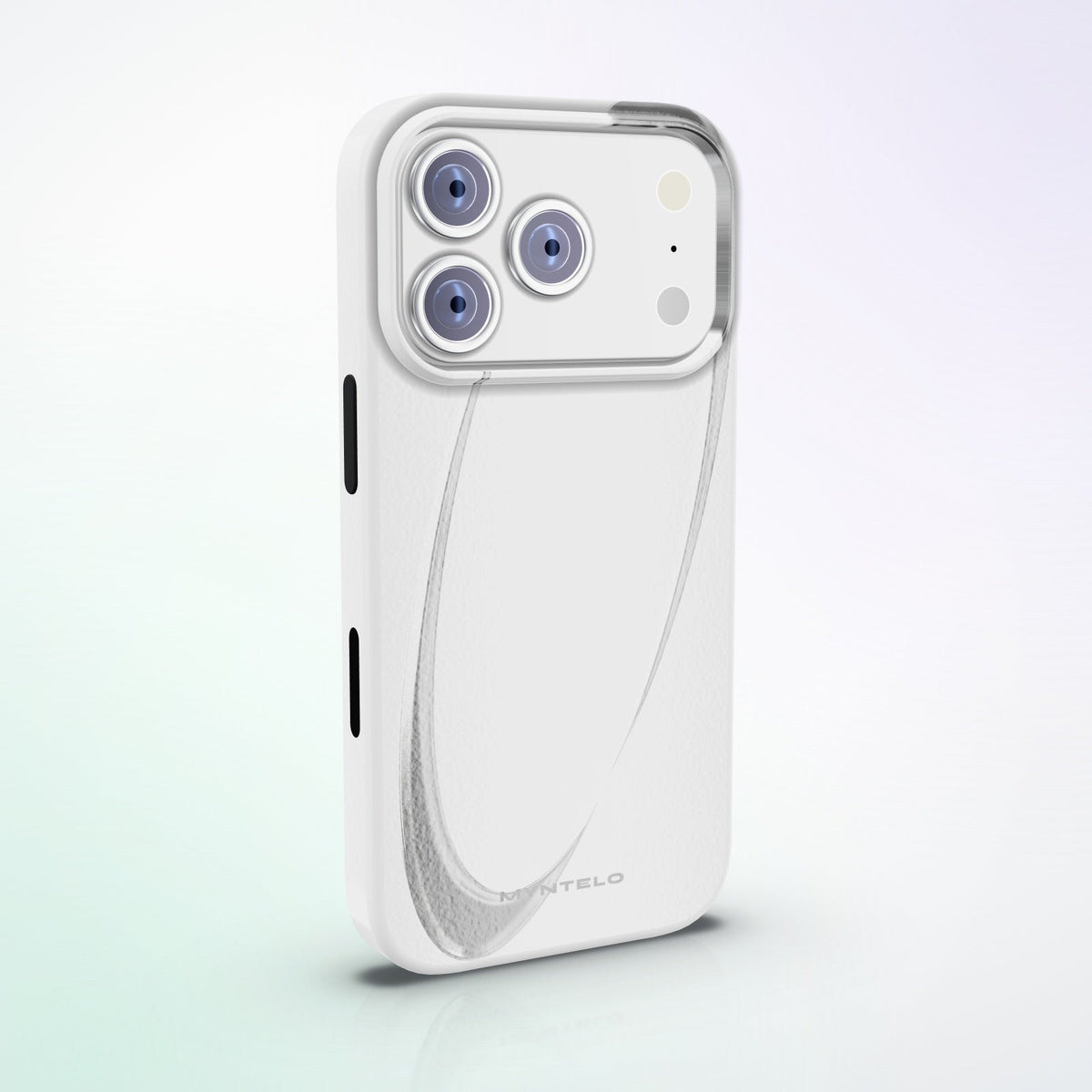 Aeon phone case by MYNTELO: a single silver arc on a pale monochrome back