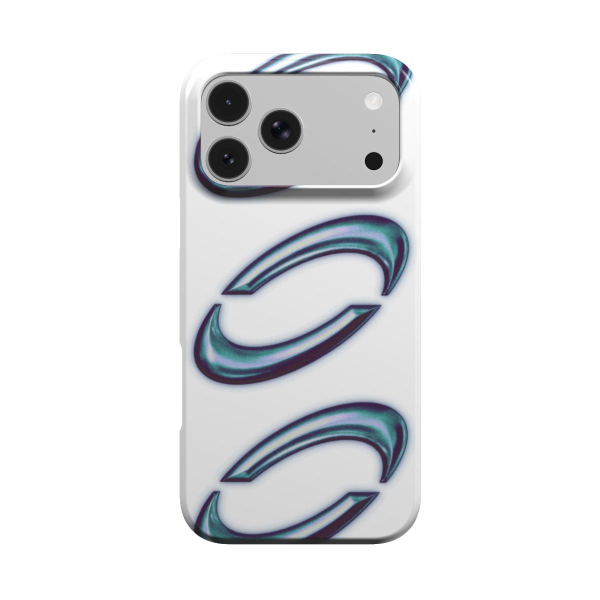Orbis MagSafe phone case, back view: three pairs of teal and violet chrome crescents on a white background