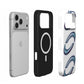 Inside of the Orbis case: black lining with the built-in MagSafe magnet ring, shown next to an iPhone