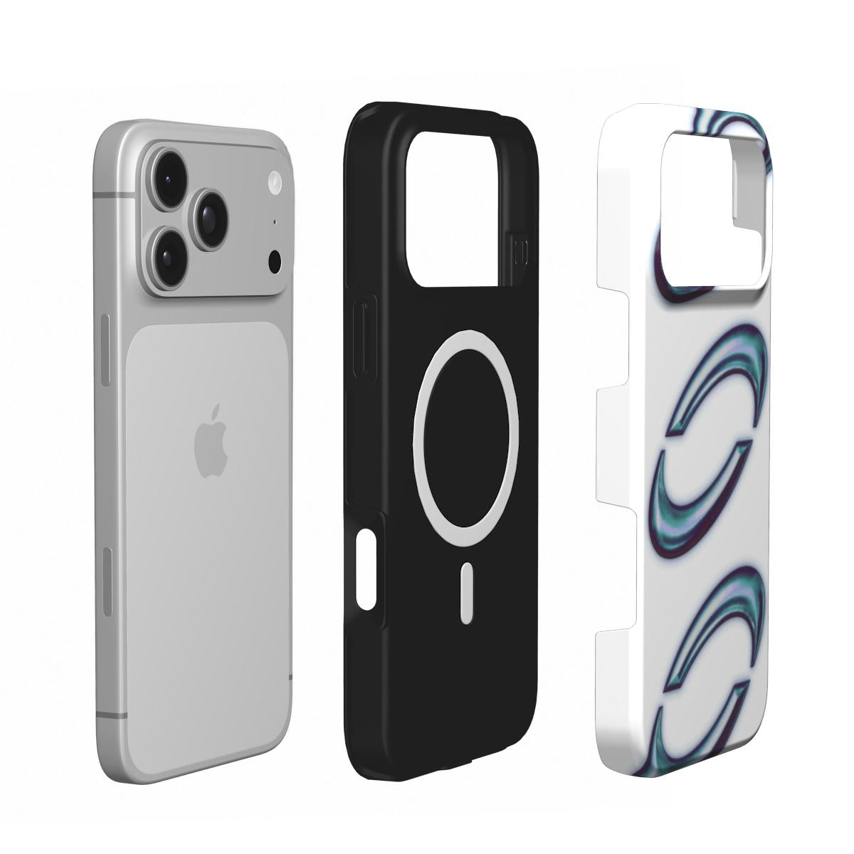 Inside of the Orbis case: black lining with the built-in MagSafe magnet ring, shown next to an iPhone