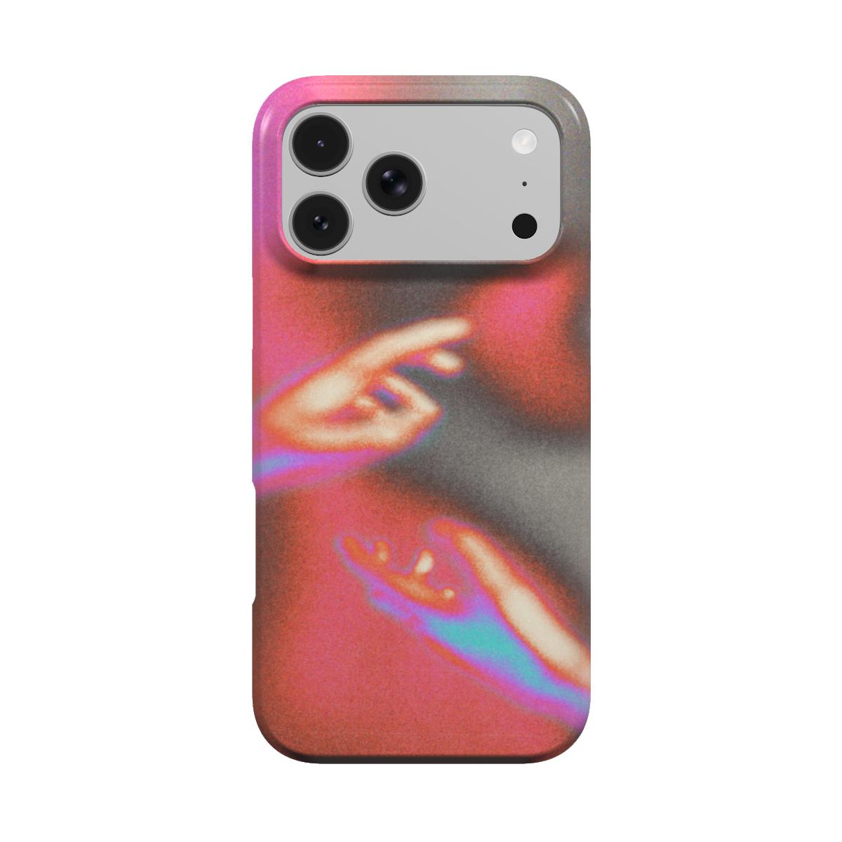 Tactus MagSafe phone case, back view: two iridescent hands reaching toward each other over a red and grey haze