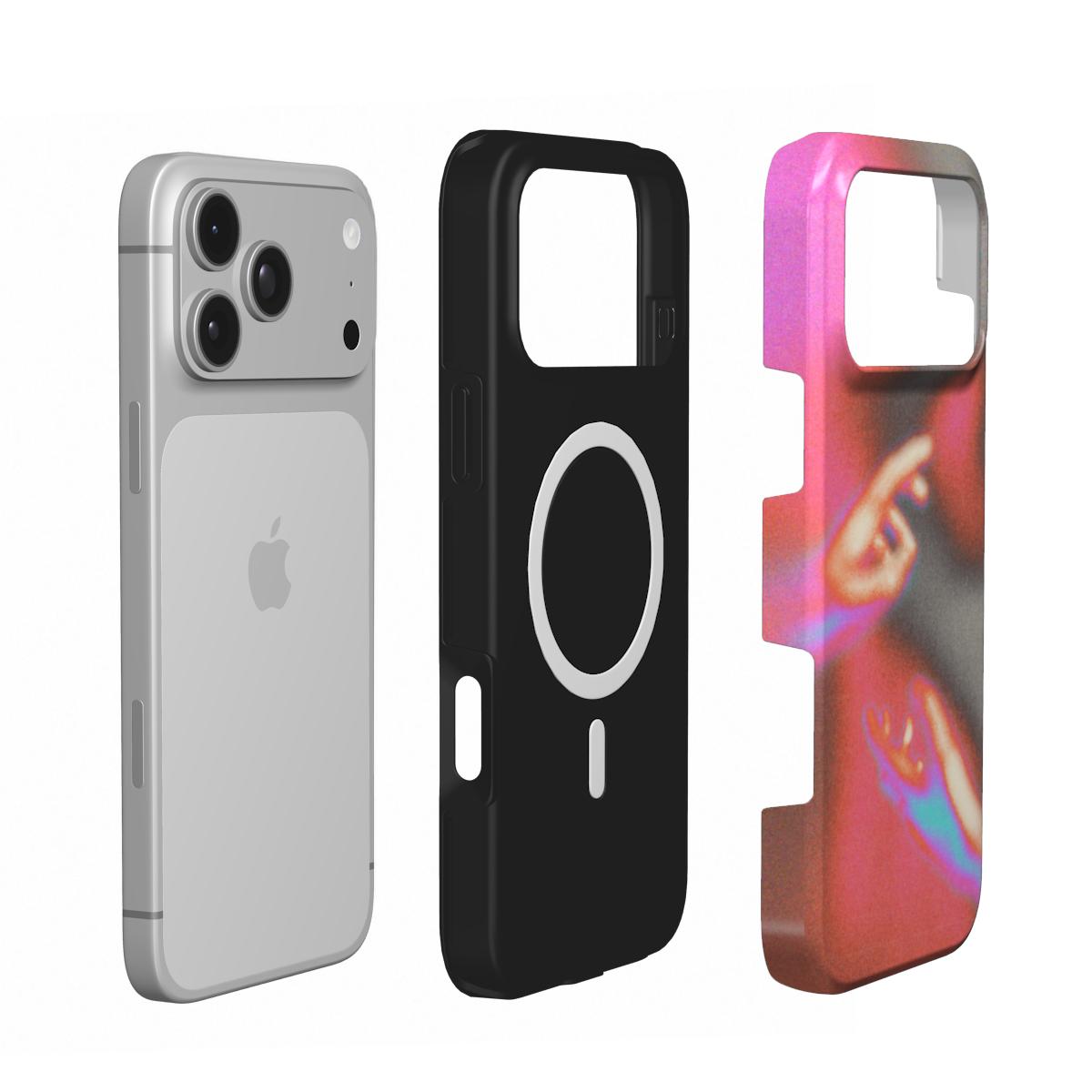 Inside of the Tactus case: black lining with the built-in MagSafe magnet ring, shown next to an iPhone