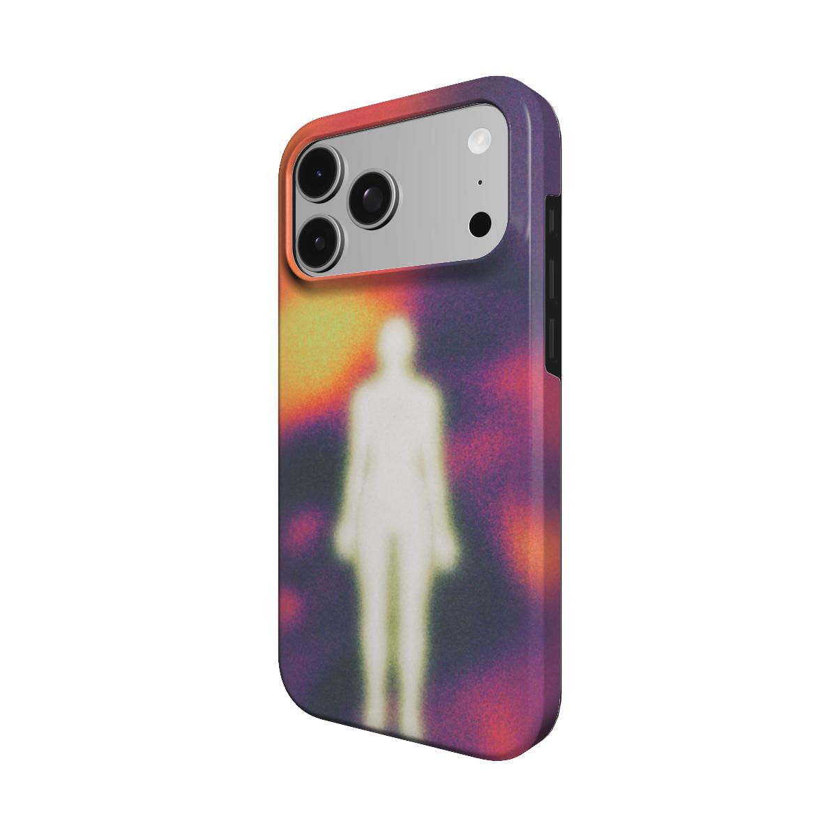 Angled view of the Corpus case showing the white figure and molten colors wrapping the side