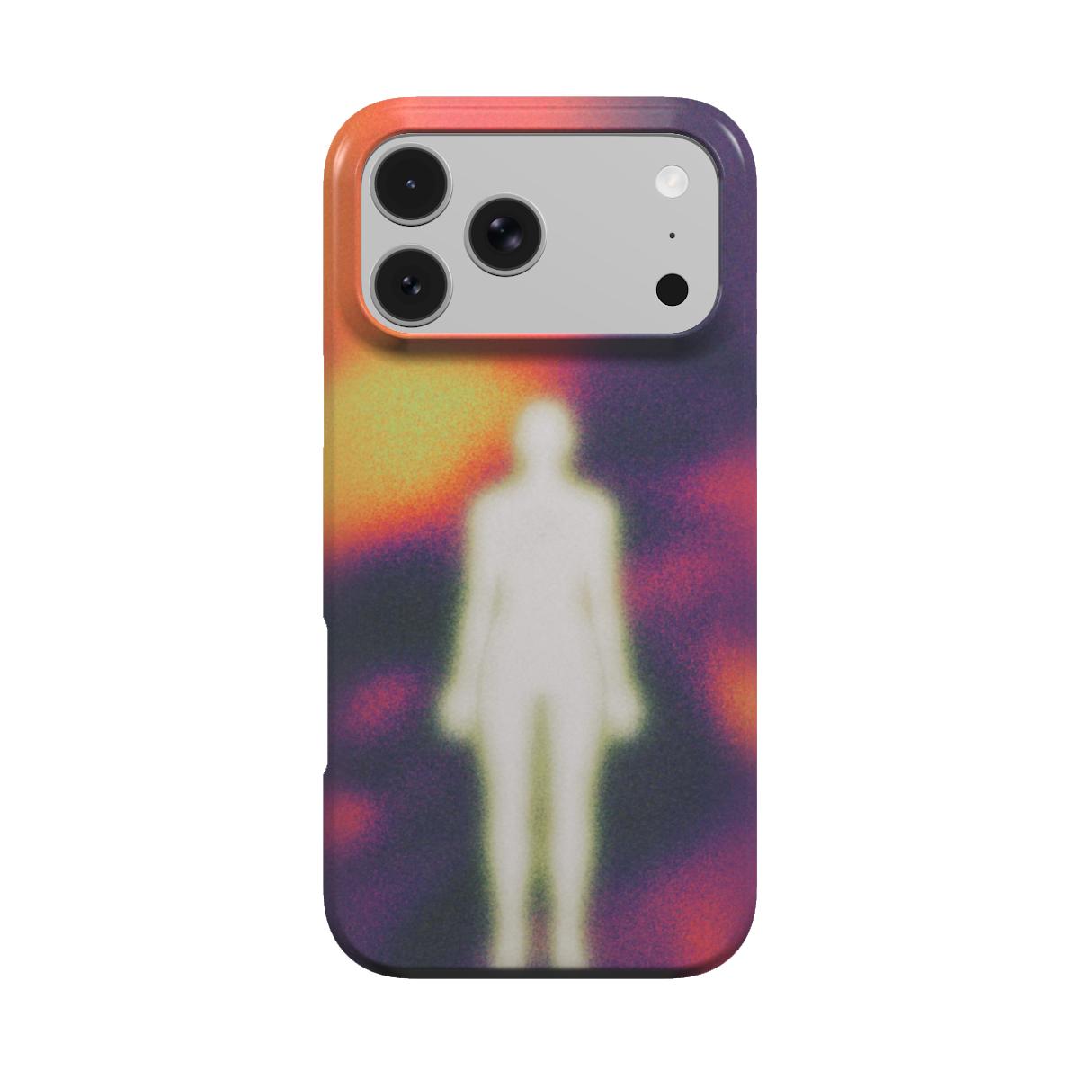 Corpus MagSafe phone case, back view: glowing white human silhouette on a blurred amber, magenta and violet background