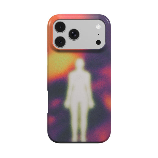 Corpus MagSafe phone case, back view: glowing white human silhouette on a blurred amber, magenta and violet background