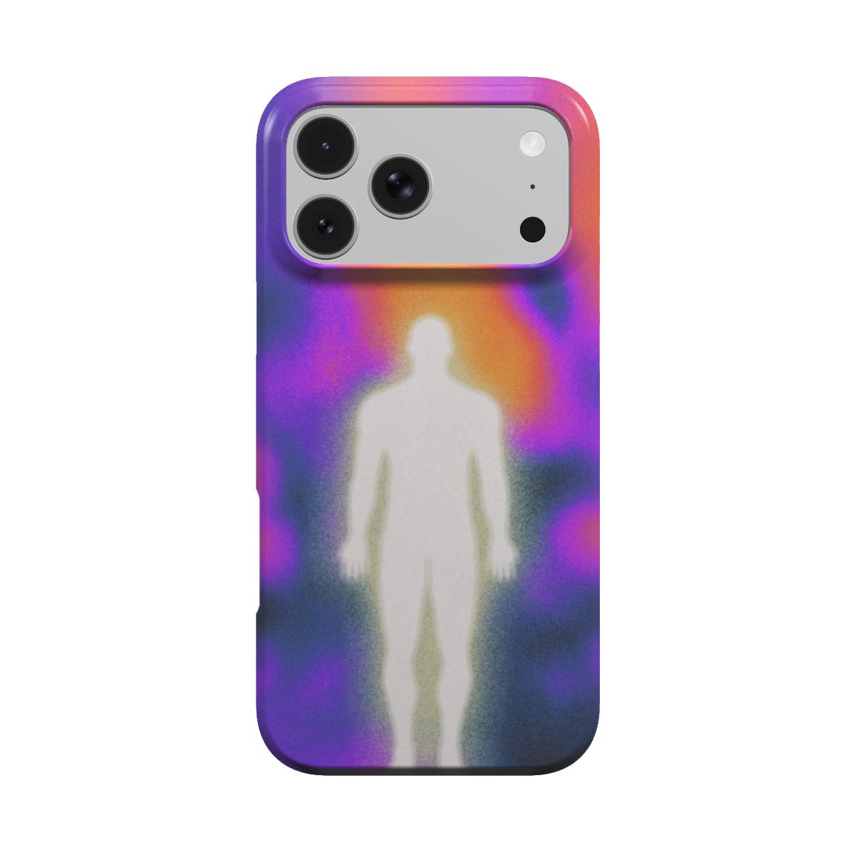 Anima MagSafe phone case, back view: bright white figure surrounded by a violet, orange and blue aura