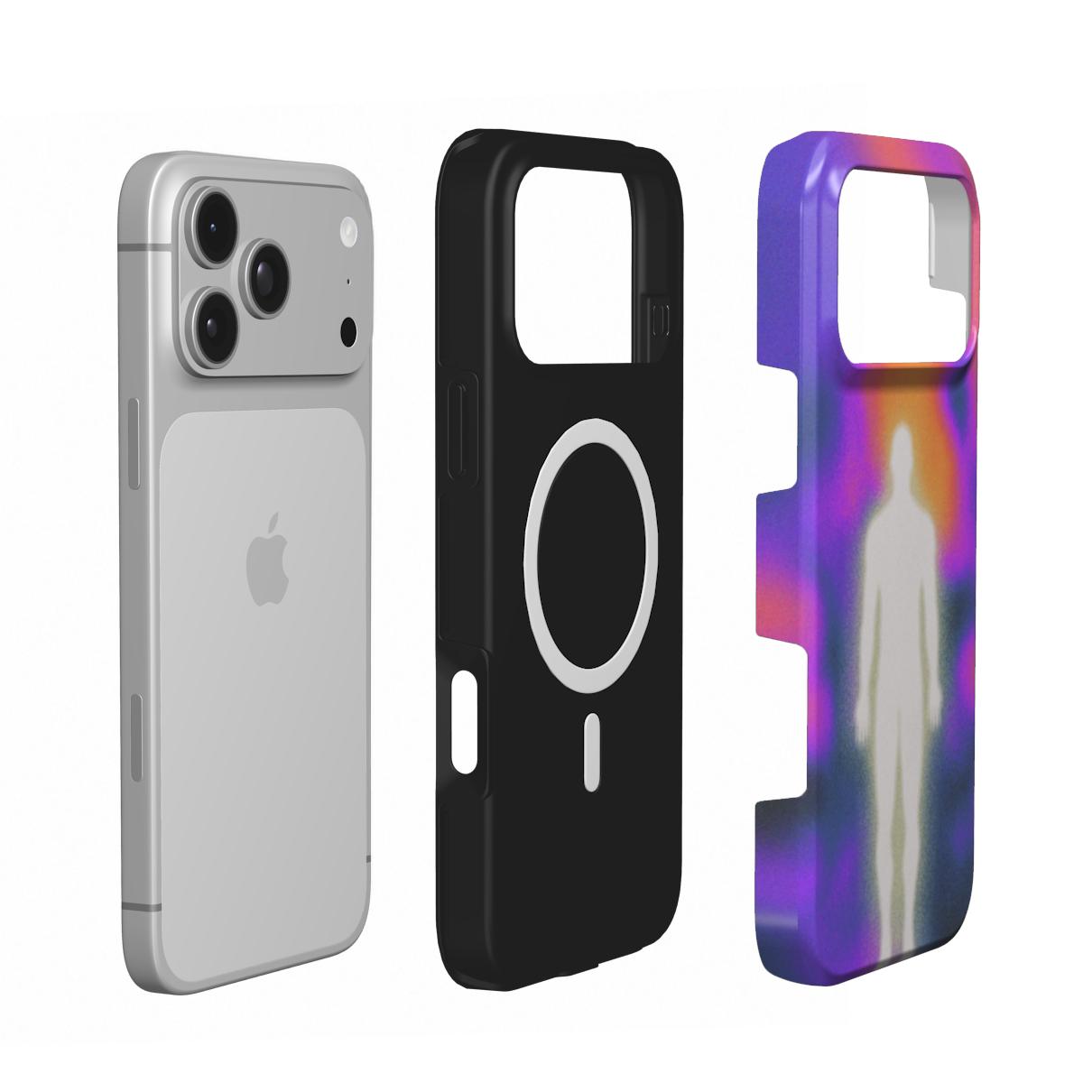 Inside of the Anima case: black lining with the built-in MagSafe magnet ring, shown next to an iPhone