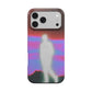 Peregrine MagSafe phone case, back view: glowing white figure walking in front of a pink and lilac sky above dark mountains