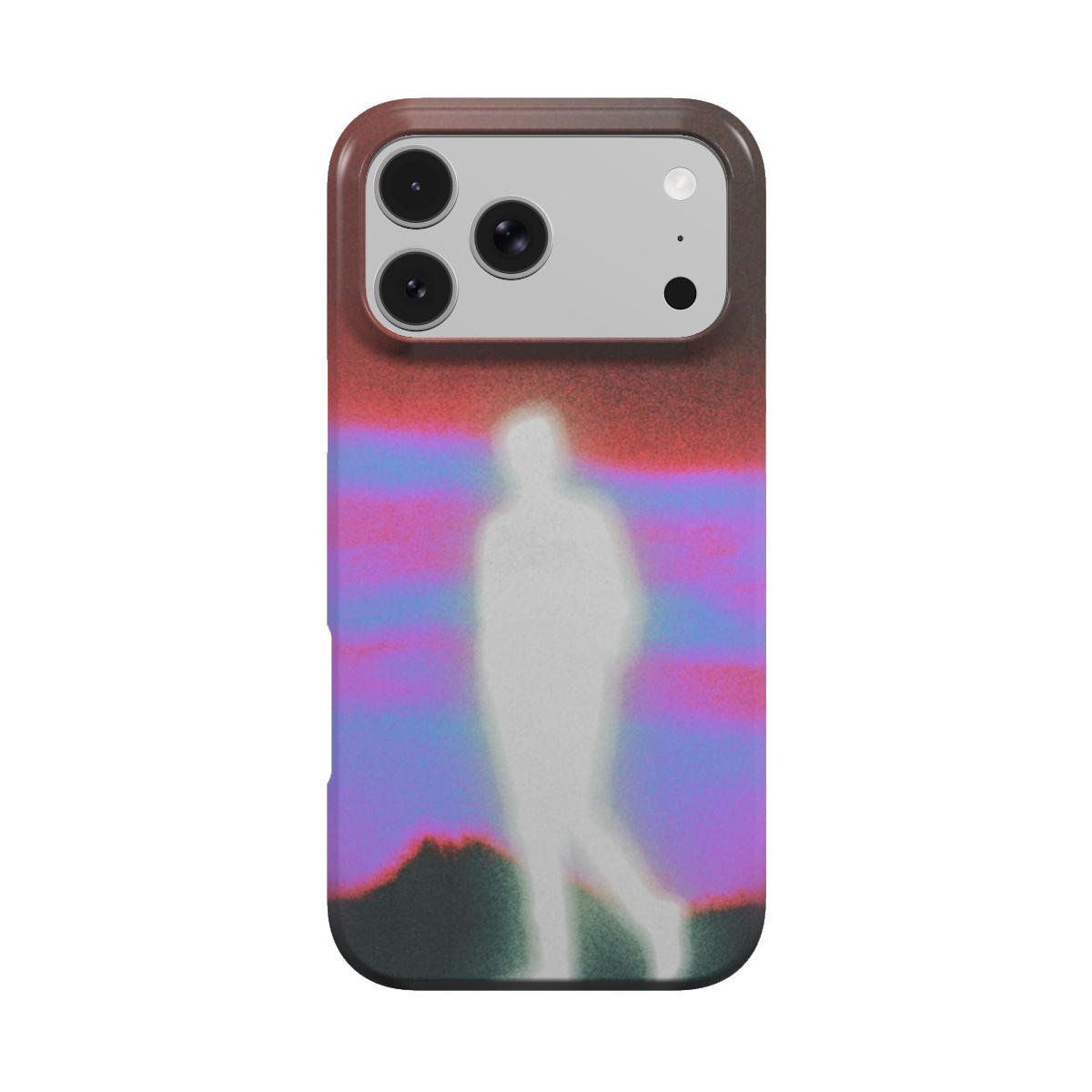 Peregrine MagSafe phone case, back view: glowing white figure walking in front of a pink and lilac sky above dark mountains