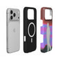 Inside of the Peregrine case: black lining with the built-in MagSafe magnet ring, shown next to an iPhone
