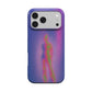 Calor MagSafe phone case, back view: standing figure in thermal pink, red and green on a blue-violet background