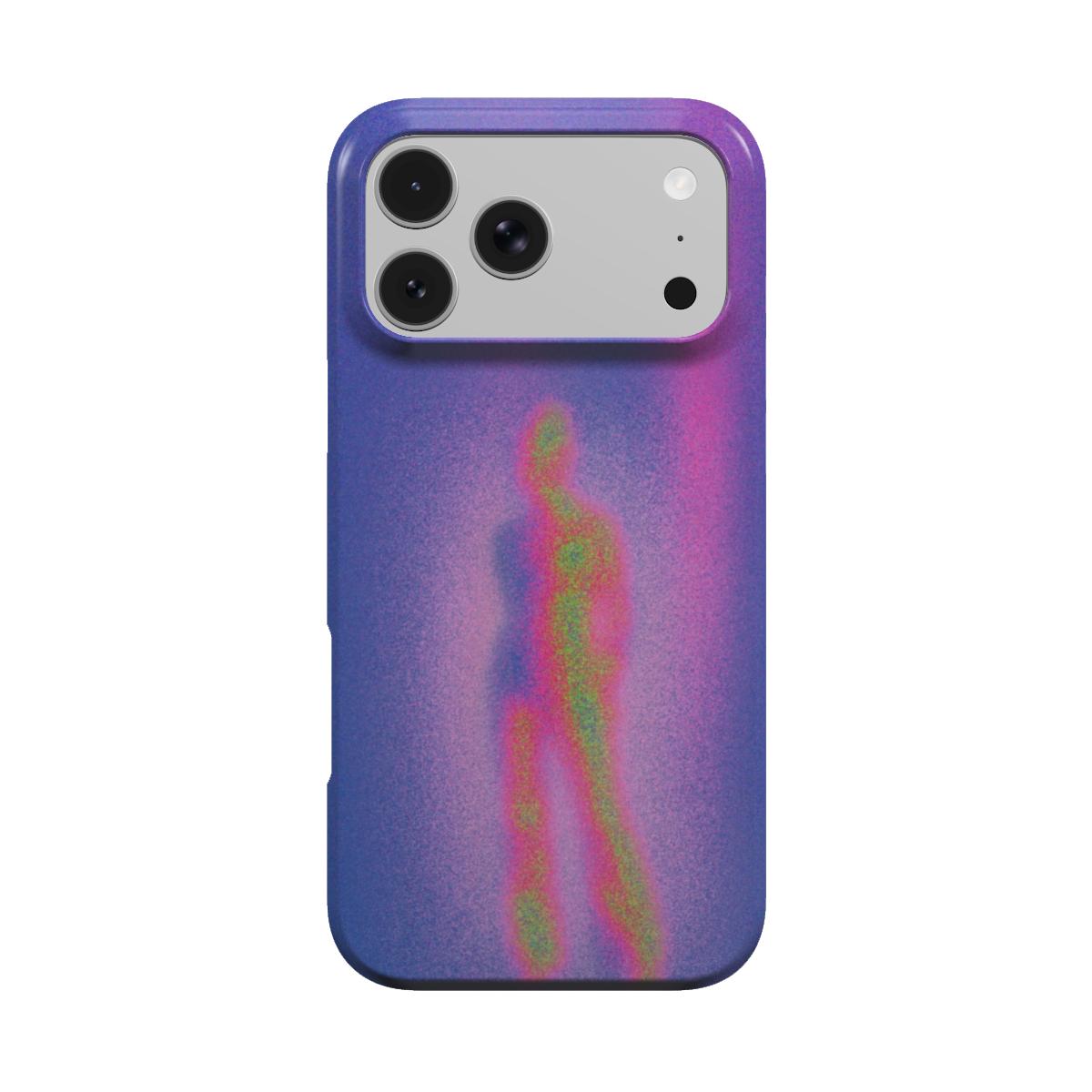 Calor MagSafe phone case, back view: standing figure in thermal pink, red and green on a blue-violet background