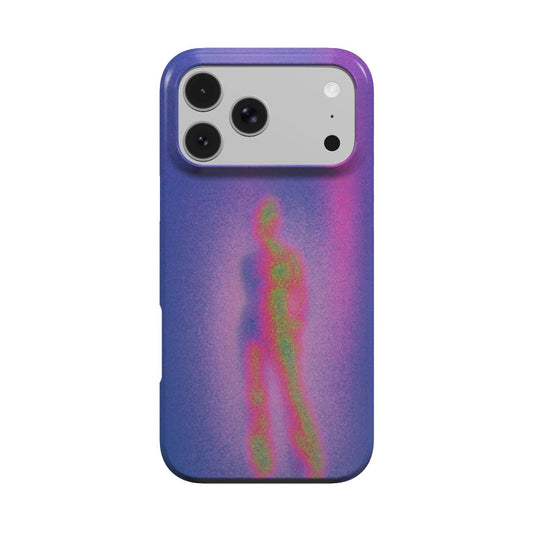 Calor MagSafe phone case, back view: standing figure in thermal pink, red and green on a blue-violet background