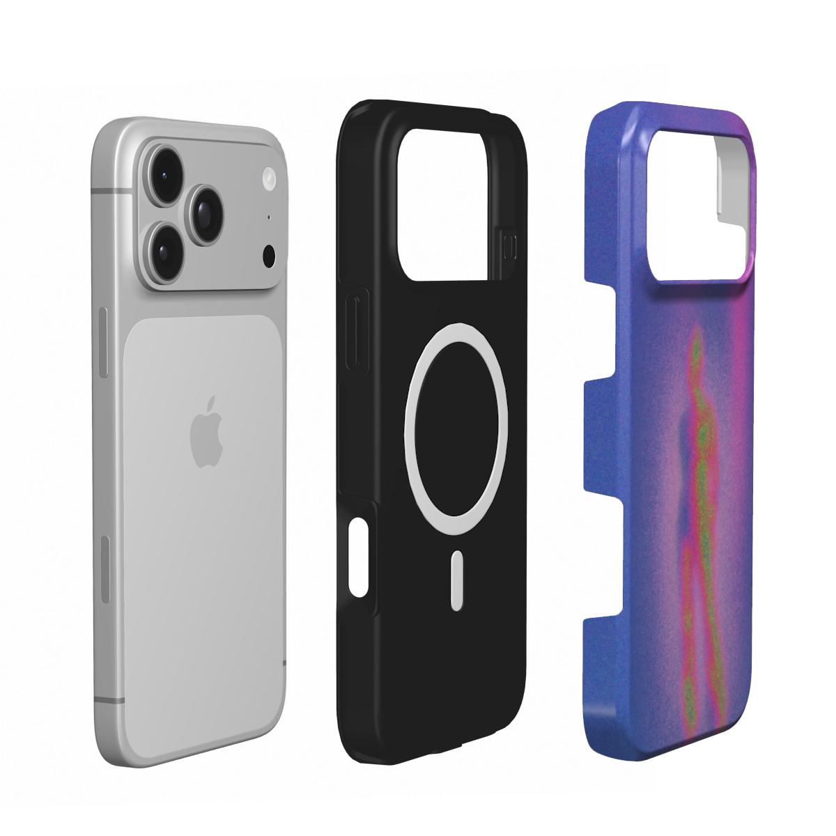 Inside of the Calor case: black lining with the built-in MagSafe magnet ring, shown next to an iPhone