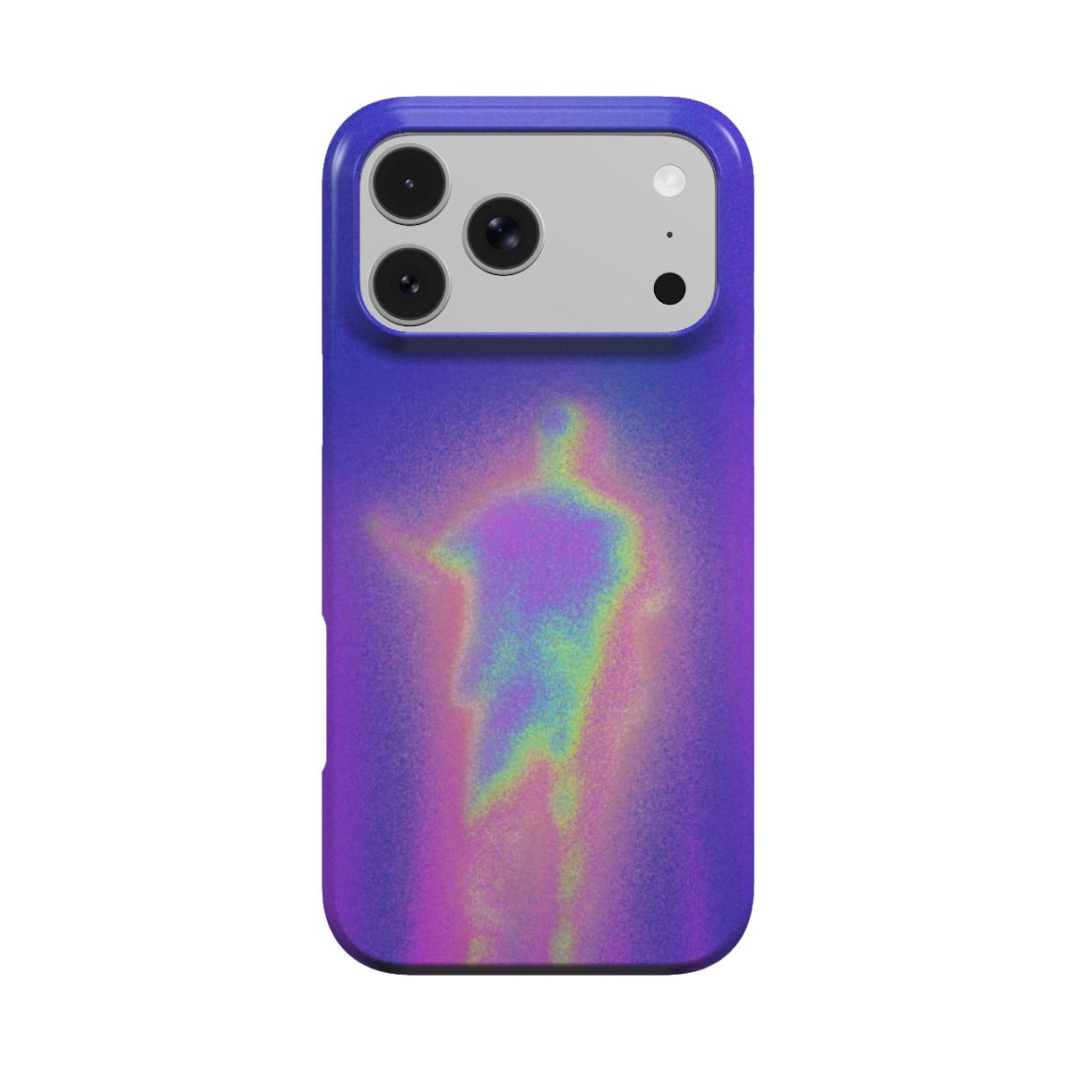 Spiritus MagSafe phone case, back view: figure outlined in lime and lilac glow dissolving into a deep violet background