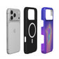 Inside of the Spiritus case: black lining with the built-in MagSafe magnet ring, shown next to an iPhone