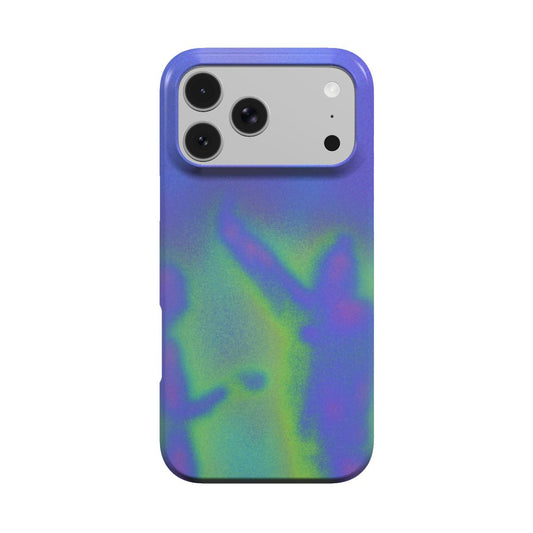 Gemini MagSafe phone case, back view: two blurred dancing figures in mint, lime and periwinkle light