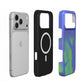 Inside of the Gemini case: black lining with the built-in MagSafe magnet ring, shown next to an iPhone