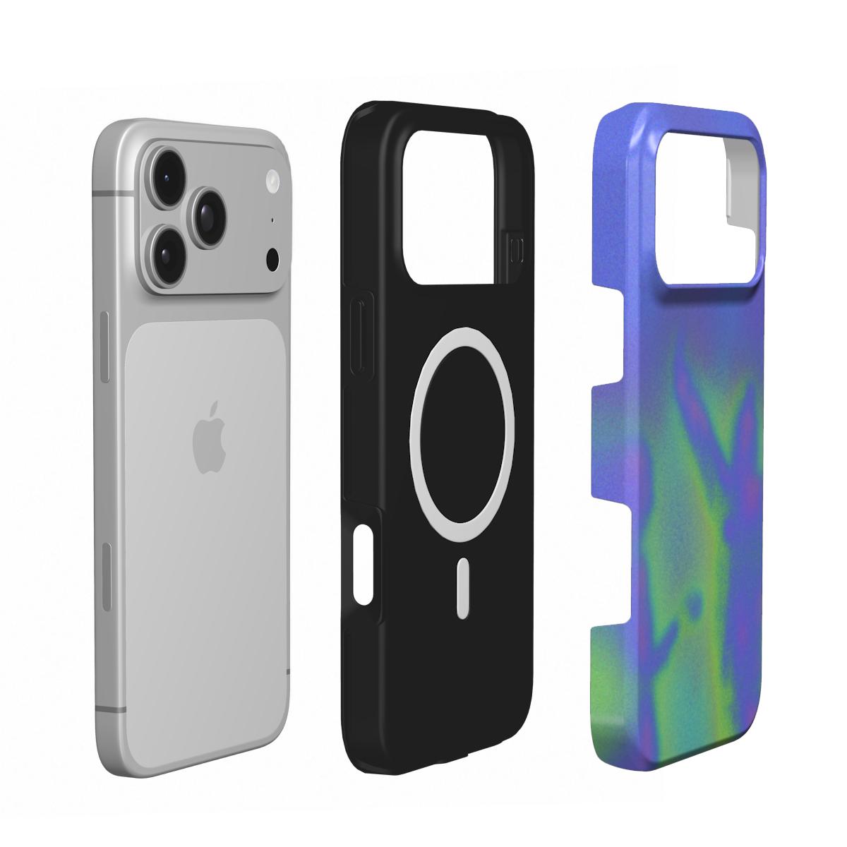 Inside of the Gemini case: black lining with the built-in MagSafe magnet ring, shown next to an iPhone