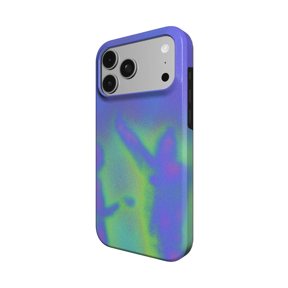 Angled view of the Gemini case showing the dancing figures and green-blue glow wrapping the side
