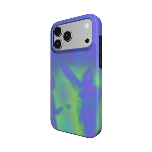 Angled view of the Gemini case showing the dancing figures and green-blue glow wrapping the side