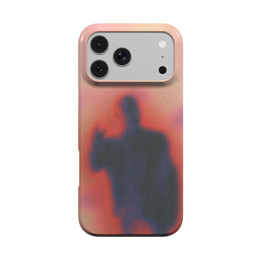 Umbra MagSafe phone case, back view: blurred dark silhouette waving against a peach and coral glow