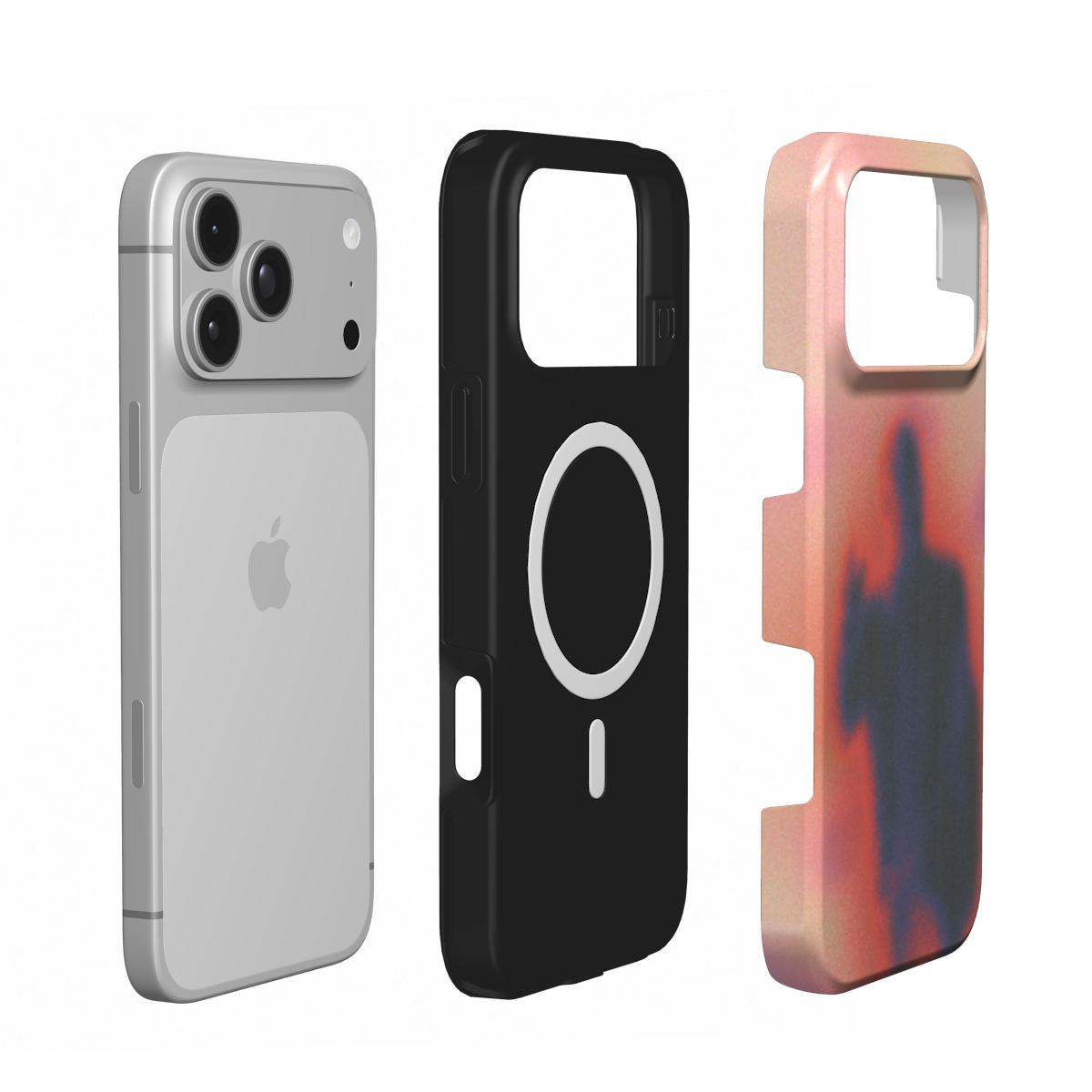 Inside of the Umbra case: black lining with the built-in MagSafe magnet ring, shown next to an iPhone