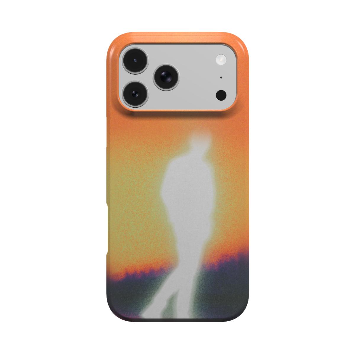 Vesper MagSafe phone case, back view: glowing white figure walking through an amber and orange sunset above a dark treeline