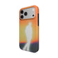 Angled view of the Vesper case showing the sunset colors and walking figure wrapping the side
