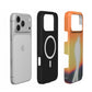 Inside of the Vesper case: black lining with the built-in MagSafe magnet ring, shown next to an iPhone