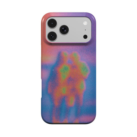 Fervor MagSafe phone case, back view: two embracing figures in thermal orange, red and green against a cool blue haze
