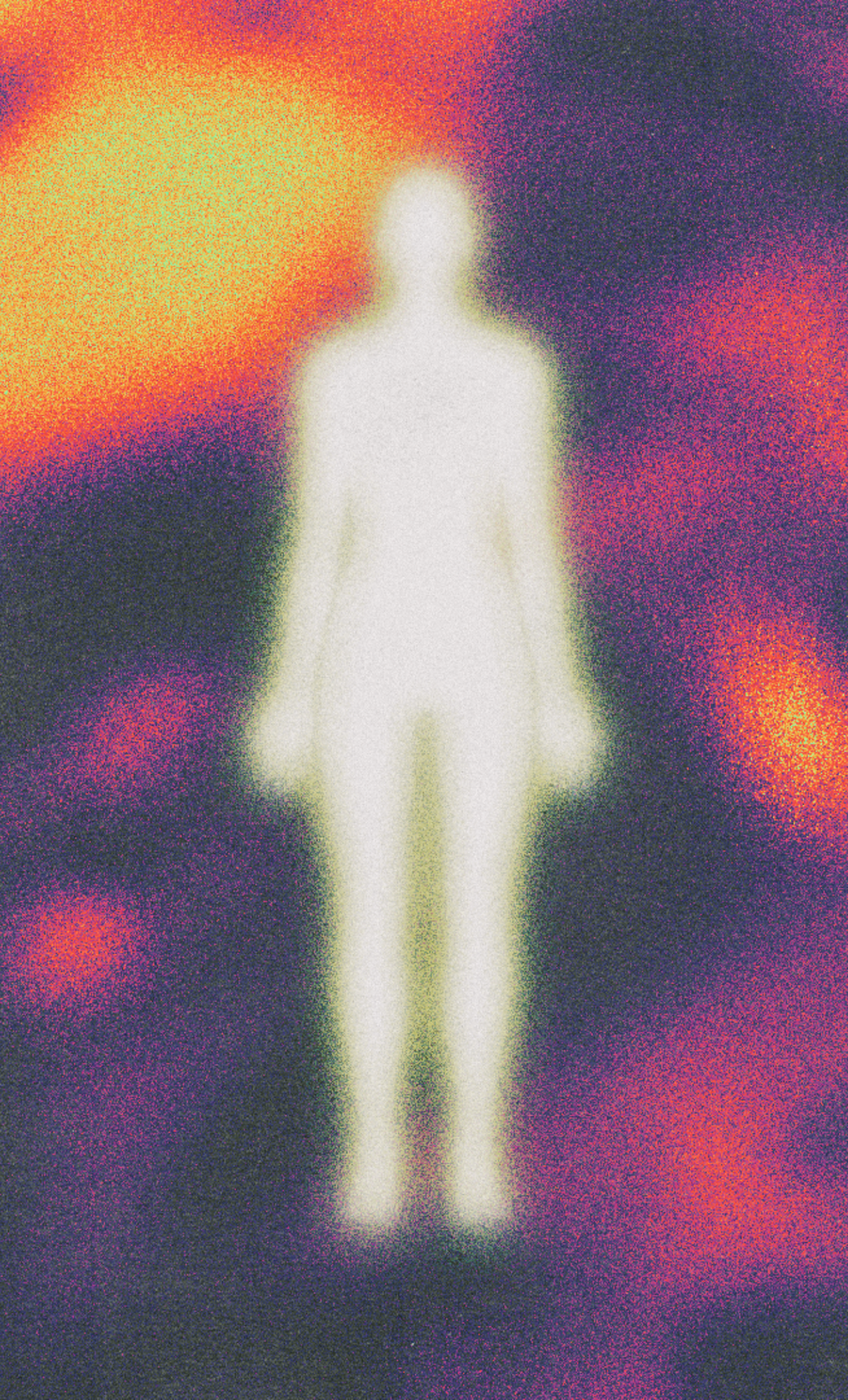 Diffuse violet aura figure with cyan, lime and peach grain.