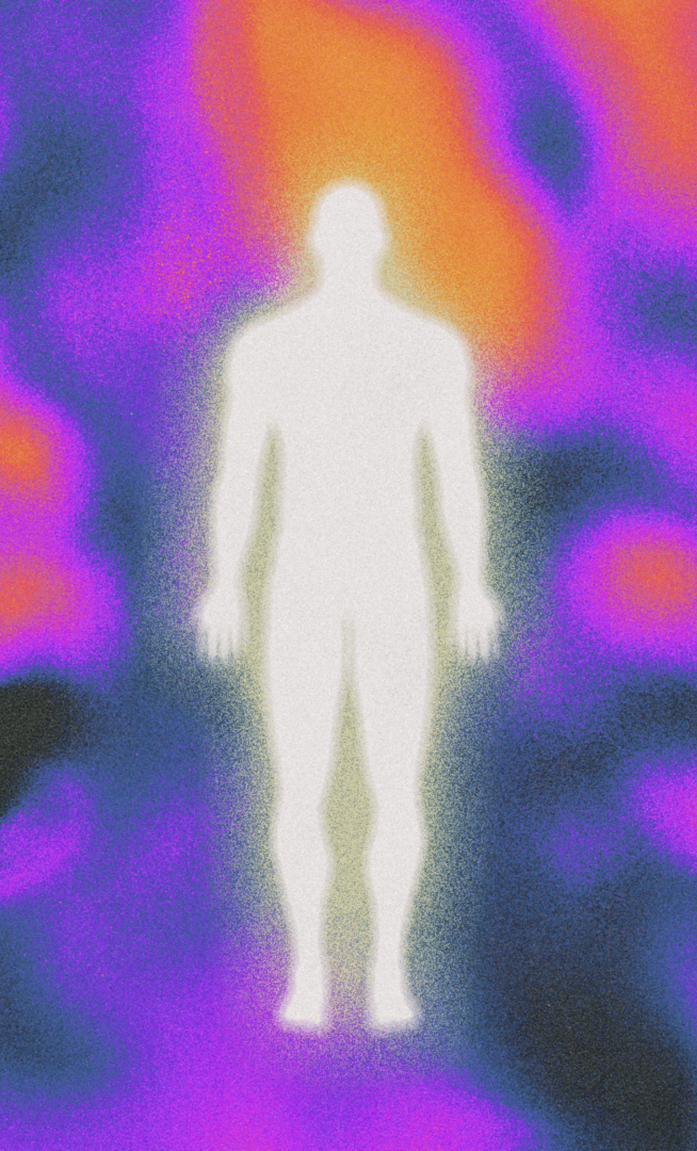 Glowing hands reaching in coral, pink and cyan grain.