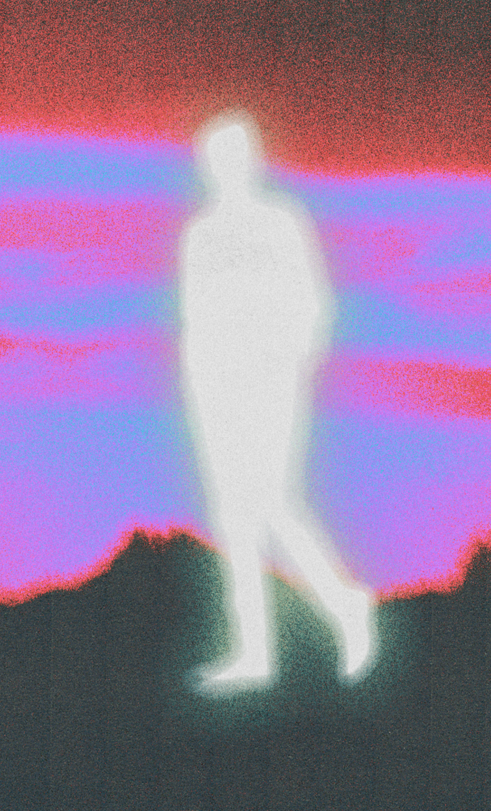 White standing silhouette against violet, orange and blue atmospheric grain.
