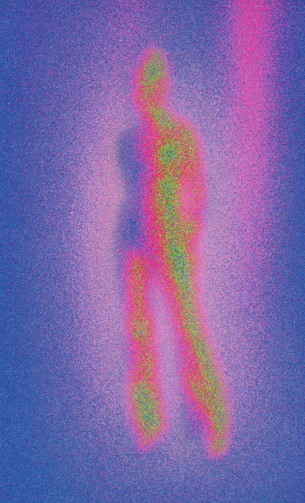 White walking silhouette against coral and blue grain.