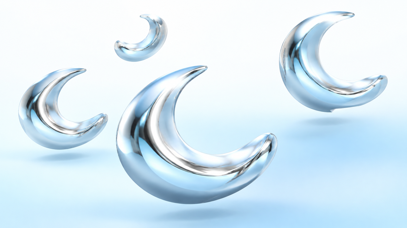 Liquid chrome crescents floating on a white to icy blue gradient