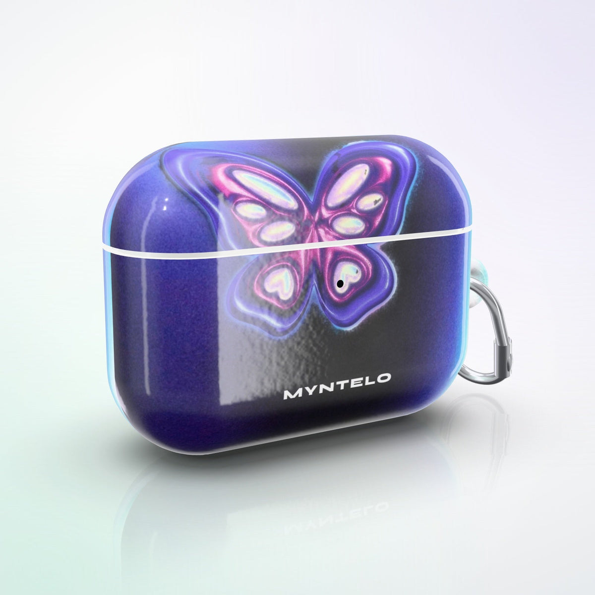 Monarch AirPods Case by MYNTELO, three-quarter view with carabiner