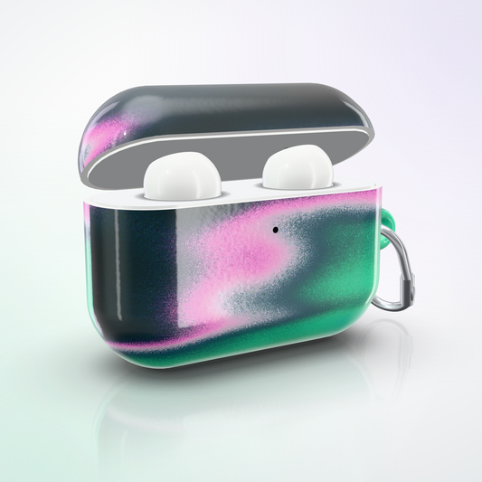 Mirage AirPods Case by MYNTELO, three-quarter view with carabiner