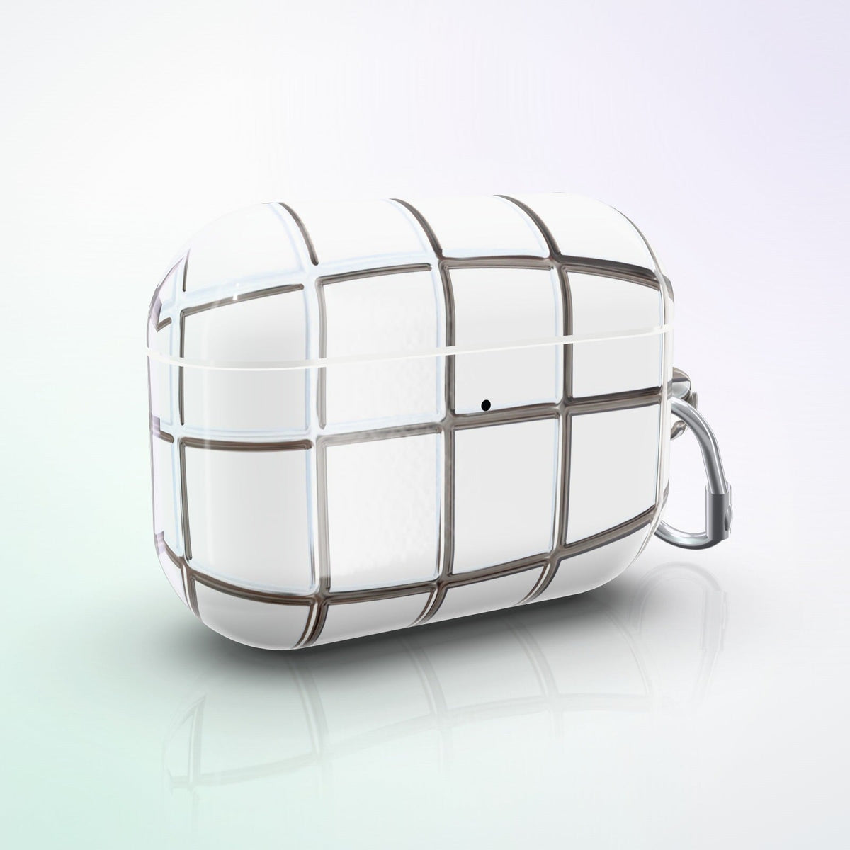 Reticulum AirPods Case by MYNTELO, three-quarter view with carabiner
