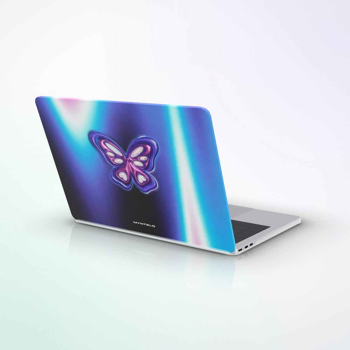 Monarch MacBook Case by MYNTELO, three-quarter view with the lid open