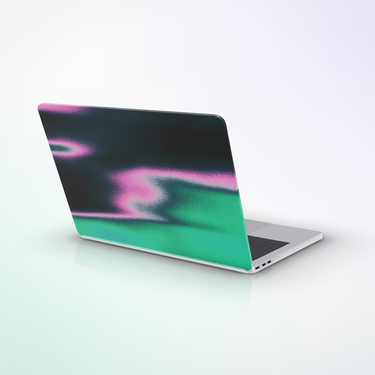 Mirage MacBook Case by MYNTELO, three-quarter view with the lid open