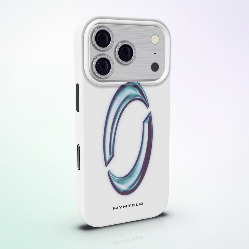 Orbis MagSafe Tough Phone Case by MYNTELO, angled back view on an iPhone