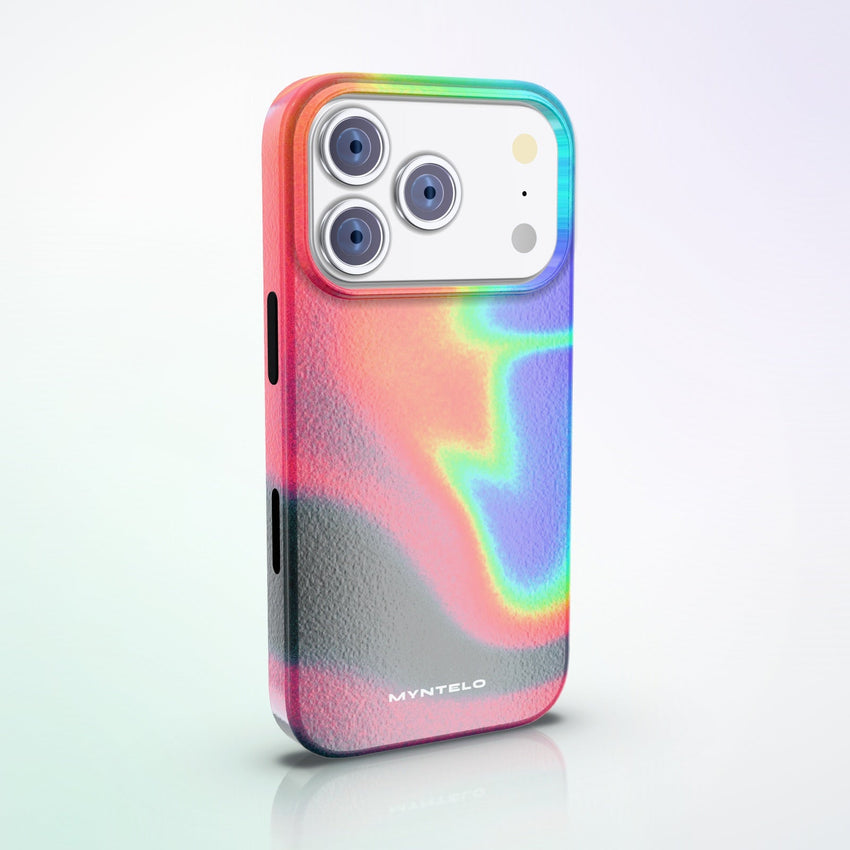 Thermia MagSafe Tough Phone Case by MYNTELO, angled back view on an iPhone