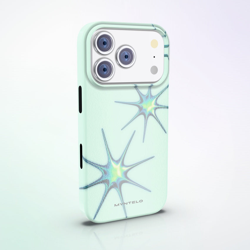 Veridis Quo MagSafe Tough Phone Case by MYNTELO, angled back view on an iPhone